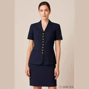 LeSuit Skirt 2 PC Suit Size 8P Navy Blue Short Sleeve Pockets Lined Gold Buttons